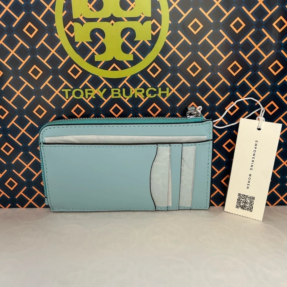 Tory Burch Blake Patent Zip Card Case Angel Blue Silver